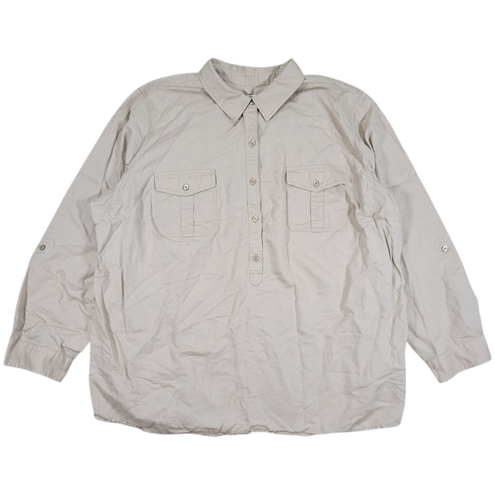 Talbots 100% Linen Popover Top Womens 3X Beige Roll Tab Neutral Coastal Mature